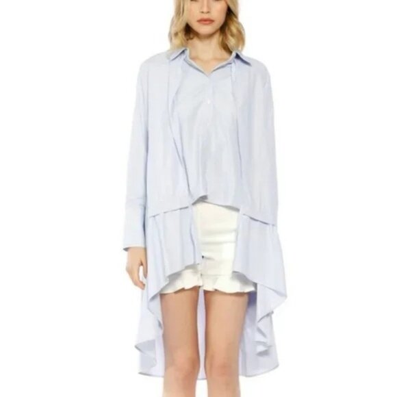 Walter Baker Francine Blue Striped Dress Top Long Sleeve Seersucker Medium - Picture 1 of 6